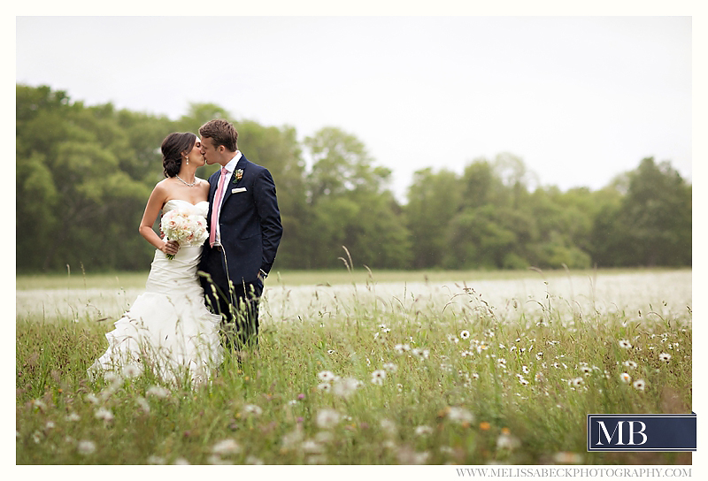 bride and groom kissing in a field