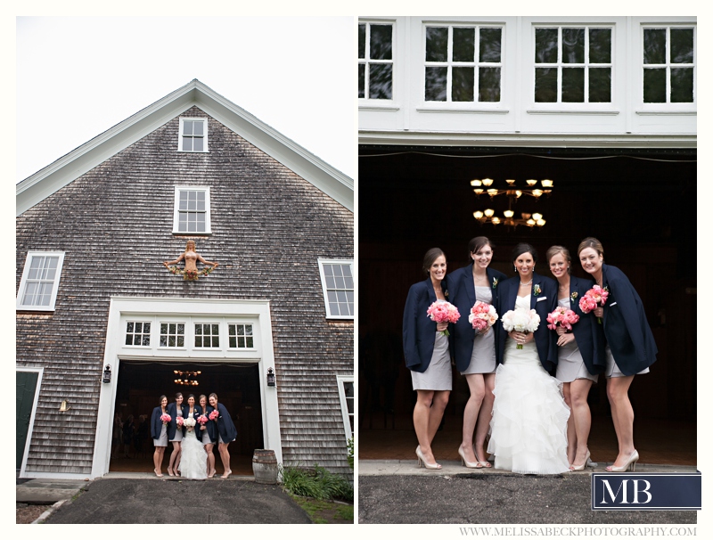 wedding party portraits in front of a gray barn at Mt Hope Farms