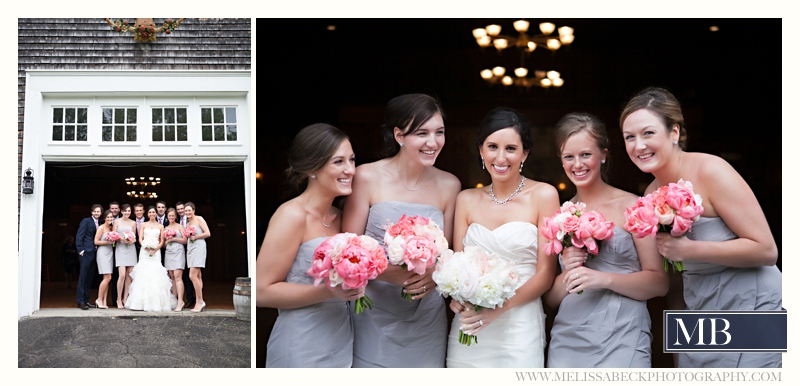 wedding party portraits in front of a gray barn at Mt Hope Farms