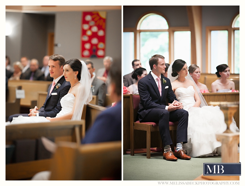 bride and groom seated at church ceremony