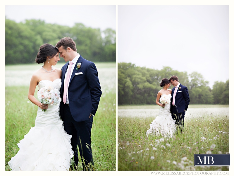 bride and groom in a field portraits